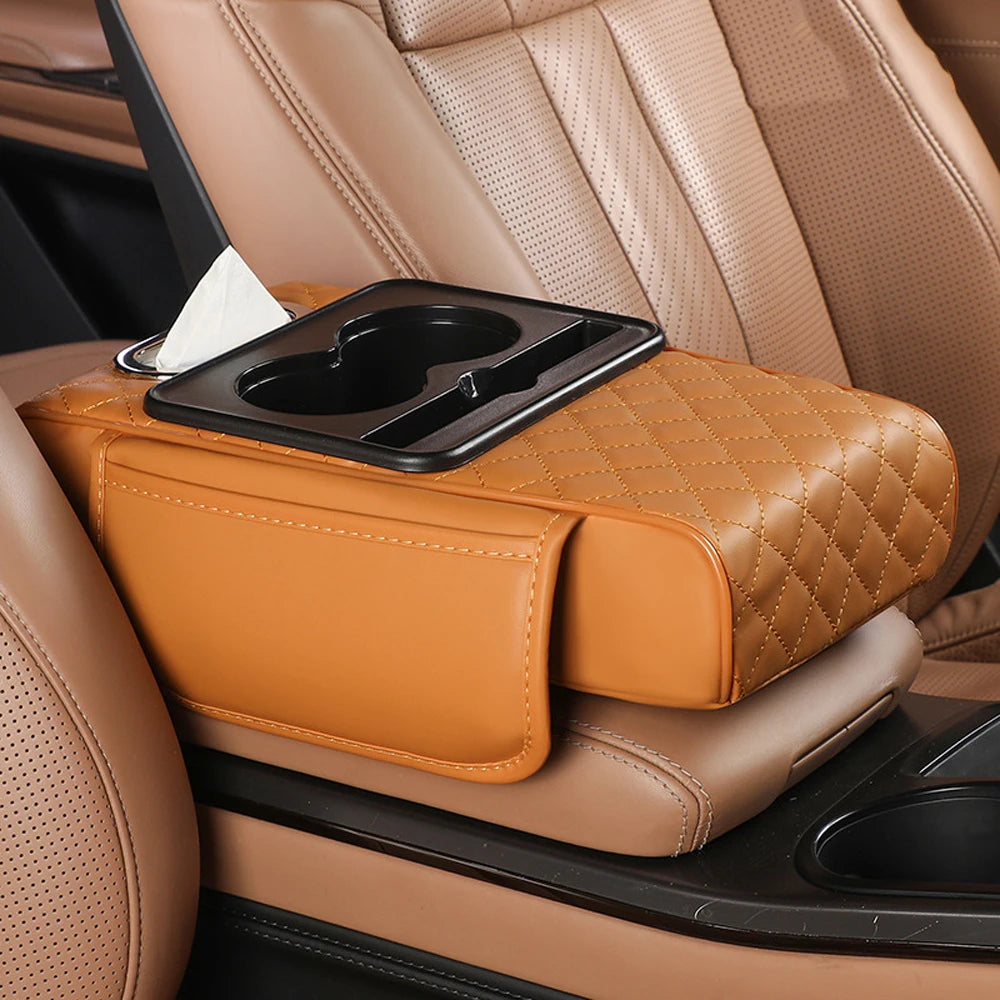 Multifunctional Car Armrest Cushion with Storage and Cup Holder