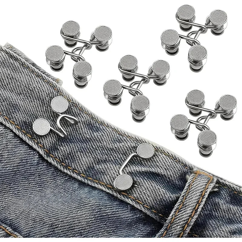 Set of four adjustable silver buttons used to tighten jeans waistlines