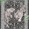 A black and white jungle tiger print area rug featuring two tigers in a dynamic pose.
