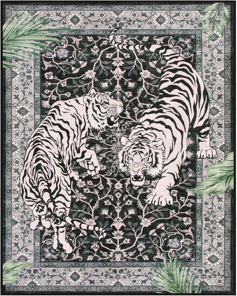 A black and white jungle tiger print area rug featuring two tigers in a dynamic pose.