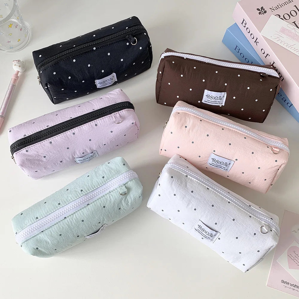Korean Style Polka Dot Pencil Case – Spacious Storage for Students & Makeup