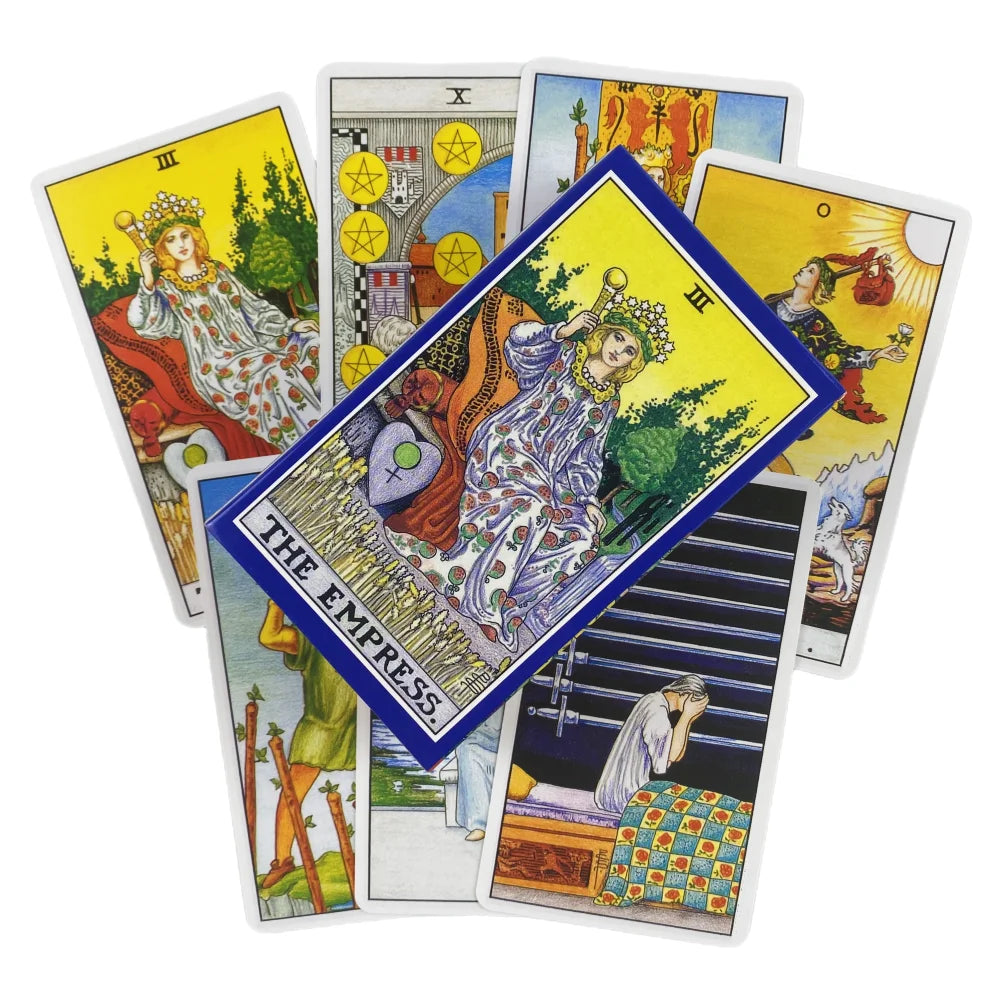 A collection of tarot cards featuring the Empress card and other Major Arcana cards from a Rider-Waite deck.