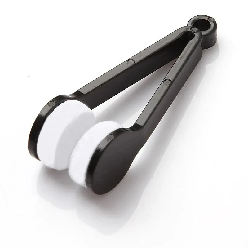 Black and white microfiber glasses cleaning tool with hinged arms