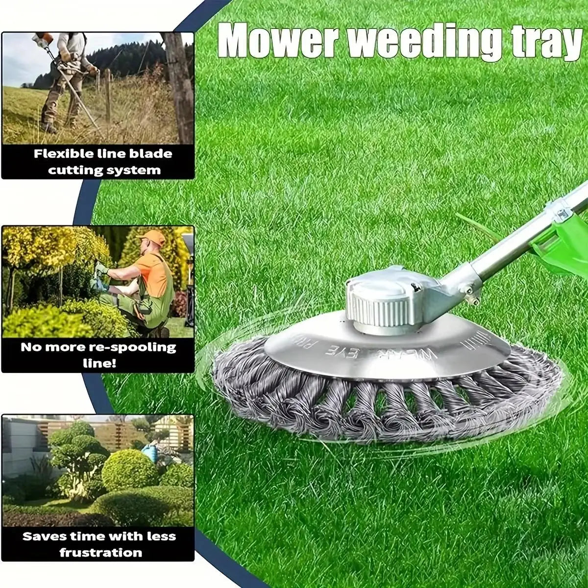 A close-up of a universal steel wire weed trimming tray attached to a long pole, demonstrating a flexible line blade cutting 