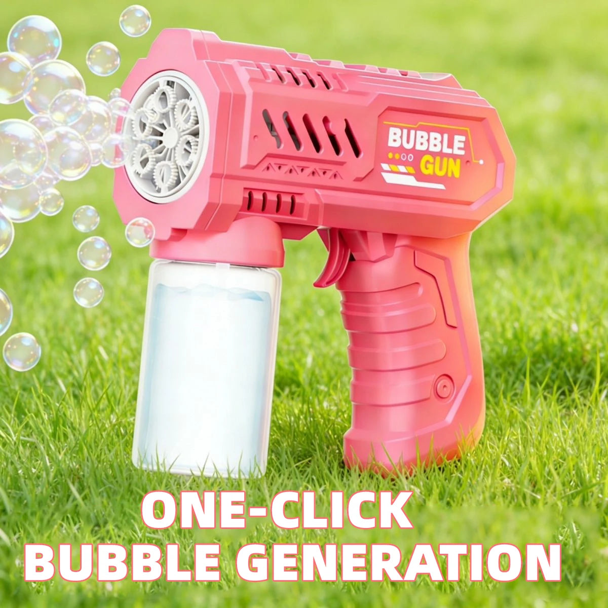 A pink bubble gun is shown generating bubbles on green grass.