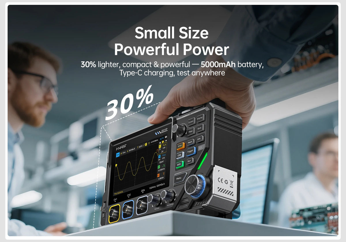 A hand holds a black FNIRSI 2D15P oscilloscope multimeter and signal generator device.