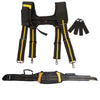 Black adjustable tool belt and suspenders with yellow accents and lumbar support straps