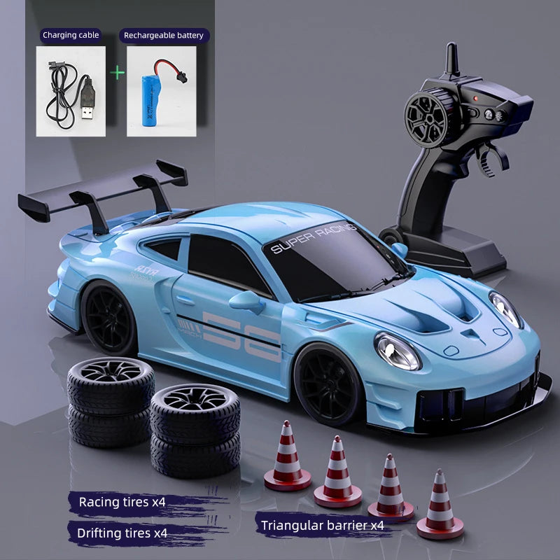 A blue Super Racing RC drift truck is shown with accessories like charging cables, tires, and a triangular barrier.