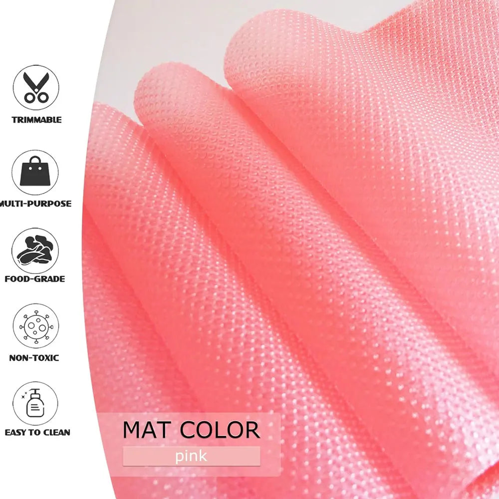 Pink waterproof refrigerator liner mat fabric with various features listed.