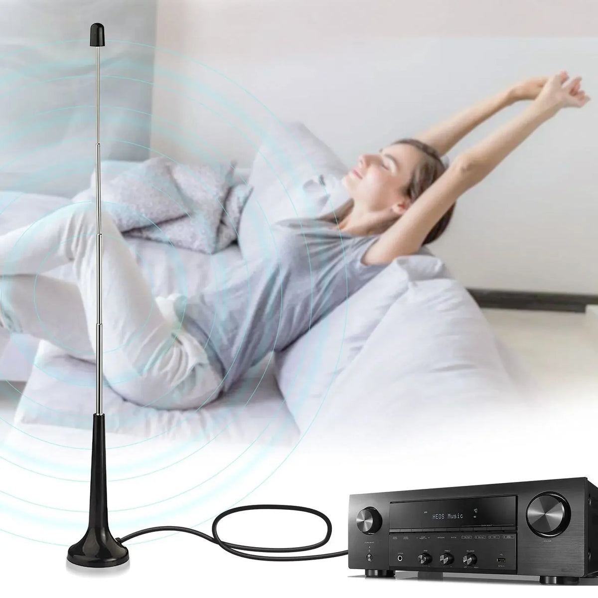 Indoor high-gain digital radio antenna with a magnetic base plugged into an audio device.