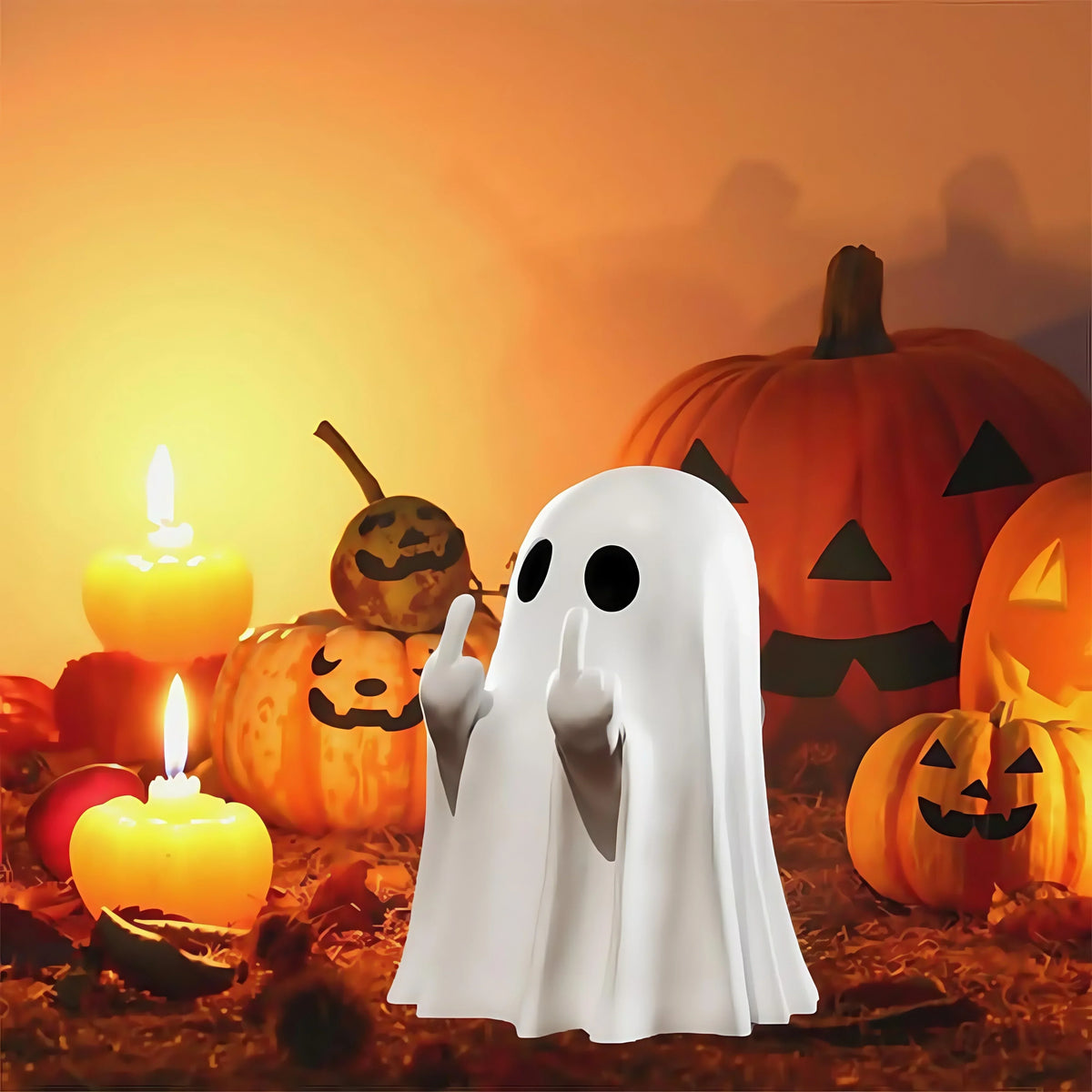 A white ghost resin statue with a middle finger gesture is placed among carved pumpkins and autumn leaves.