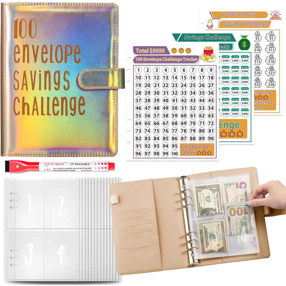 A beige A5 budget binder with cash envelopes and a savings challenge tracker sheet.