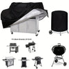 A black heavy duty waterproof grill cover is shown open over a silver gas grill, next to various grill accessories.