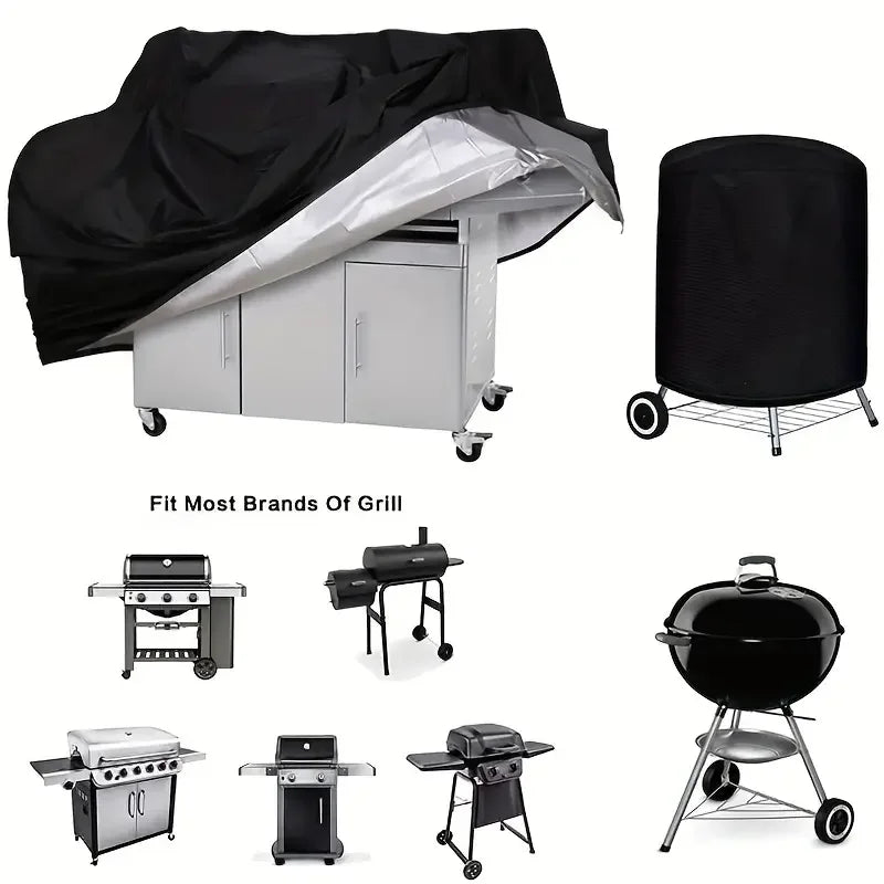 A black heavy duty waterproof grill cover is shown open over a silver gas grill, next to various grill accessories.