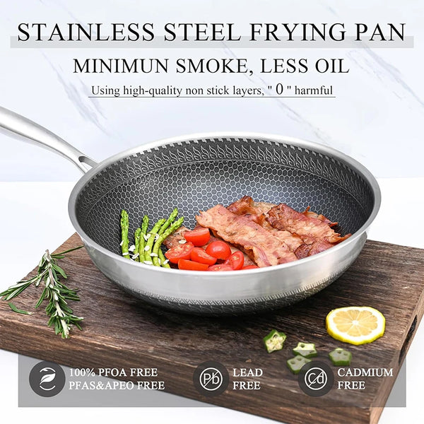 A stainless steel frying pan with a handle is shown containing food ingredients on a wooden cutting board.