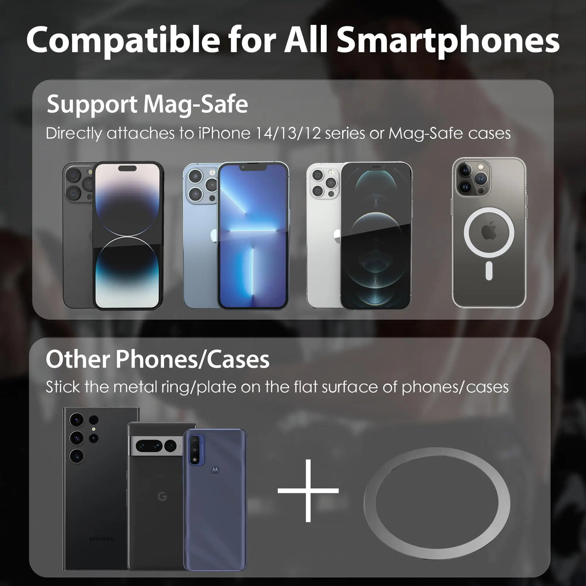 A product demonstrating magnetic mounts for smartphones, showing compatibility with Mag-Safe and other phones.