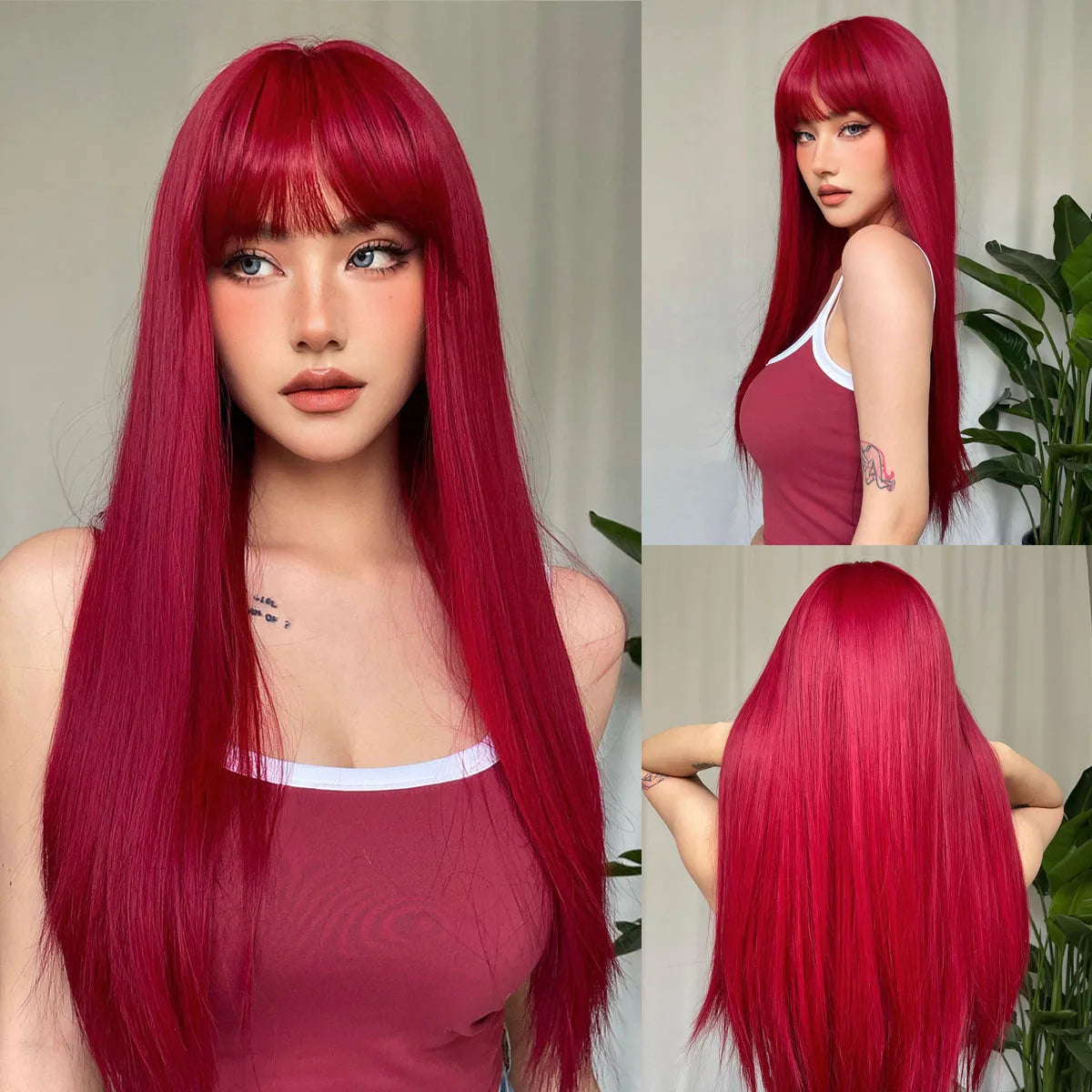 Rose Gold Layered Straight Wig with Bangs