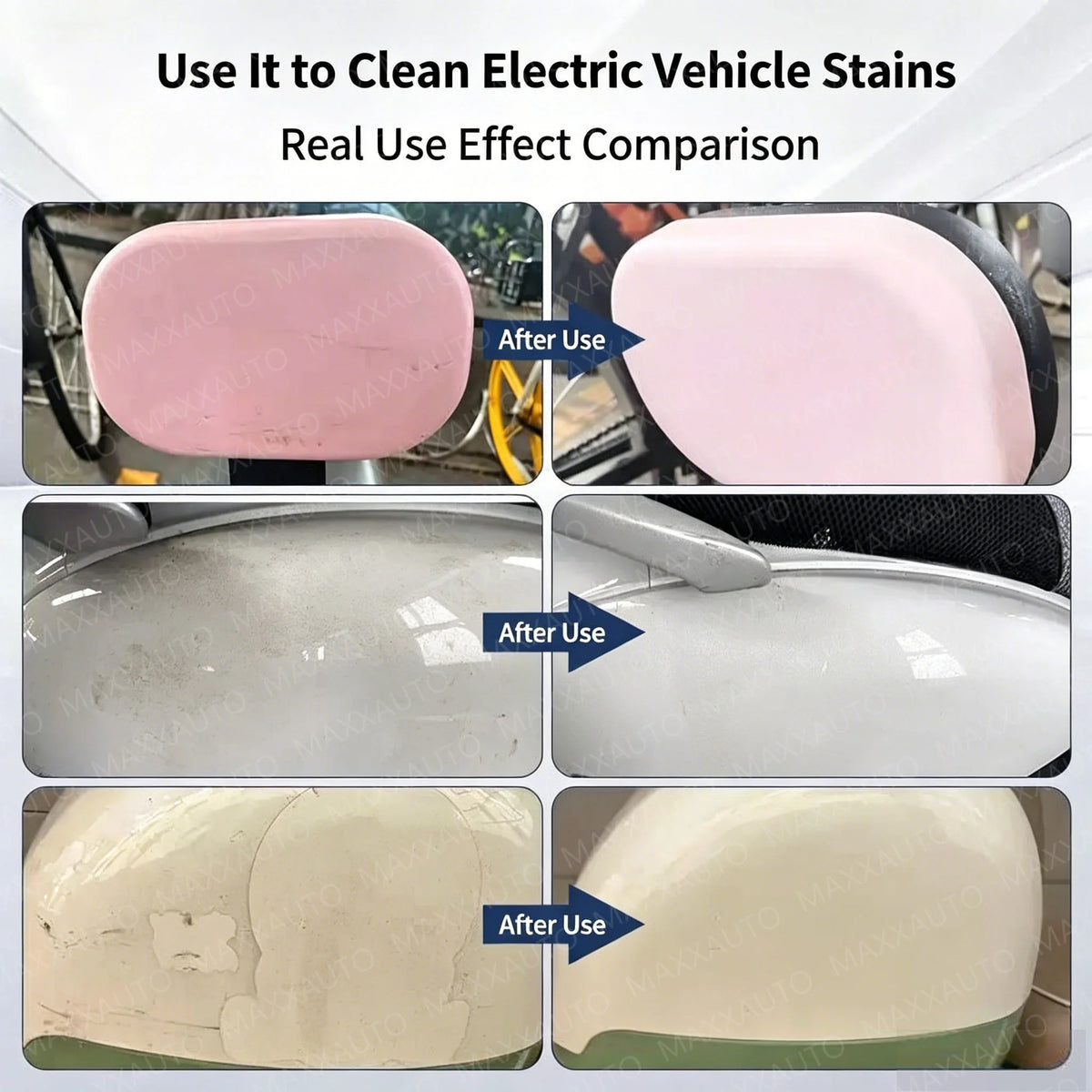 Comparison of a car scratch remover tool used to clean electric vehicle stains on various paint surfaces.