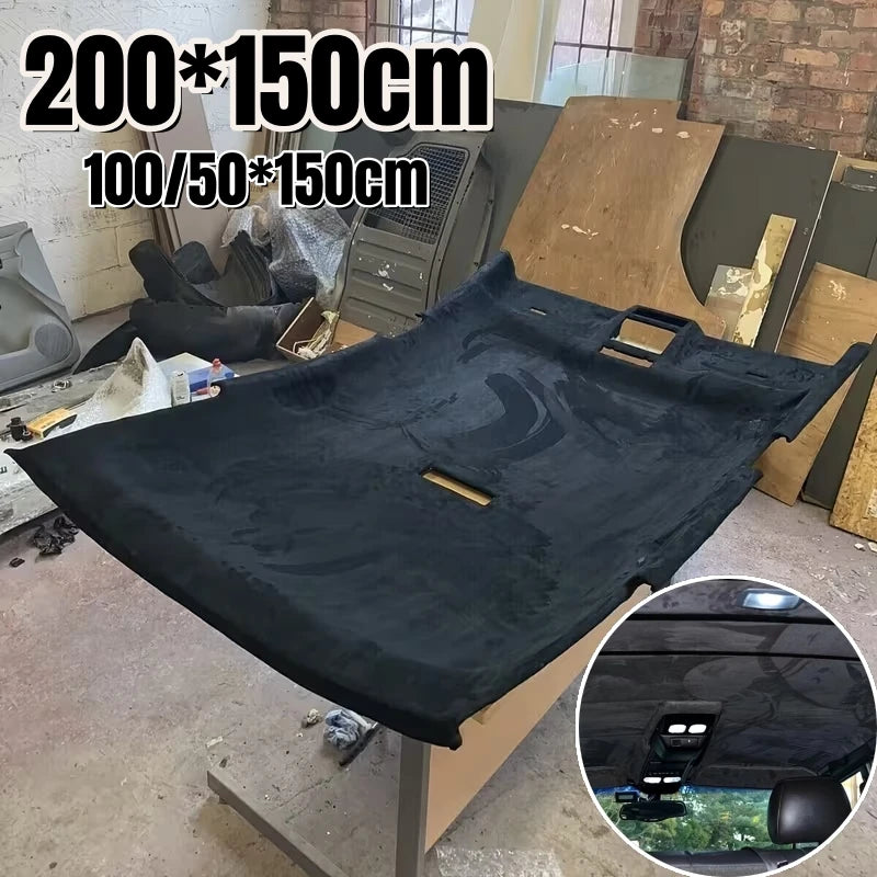 Black suede car headliner fabric with foam backing shown for interior repair and customization.