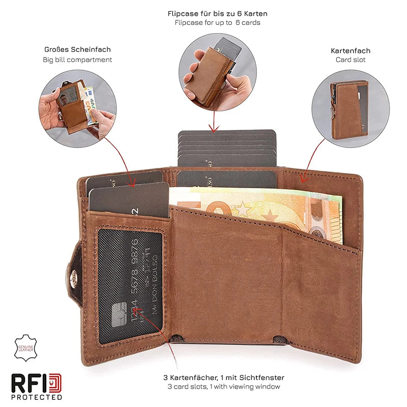 Portefeuille en cuir véritable marron avec protection RFID, présentant une pochette et des emplacements pour cartes.