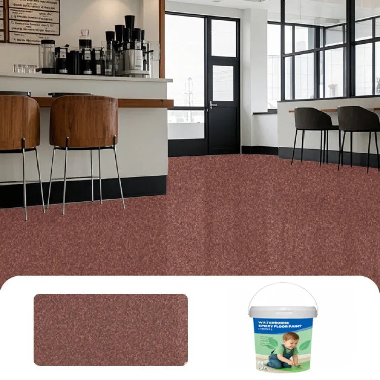 A swatch of marble-look epoxy floor paint in a reddish-brown color next to a can of Waterborne Epoxy Floor Paint.