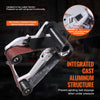 Close-up view of an angle grinder belt sander attachment featuring an integrated cast aluminum structure and a push-to-lock b
