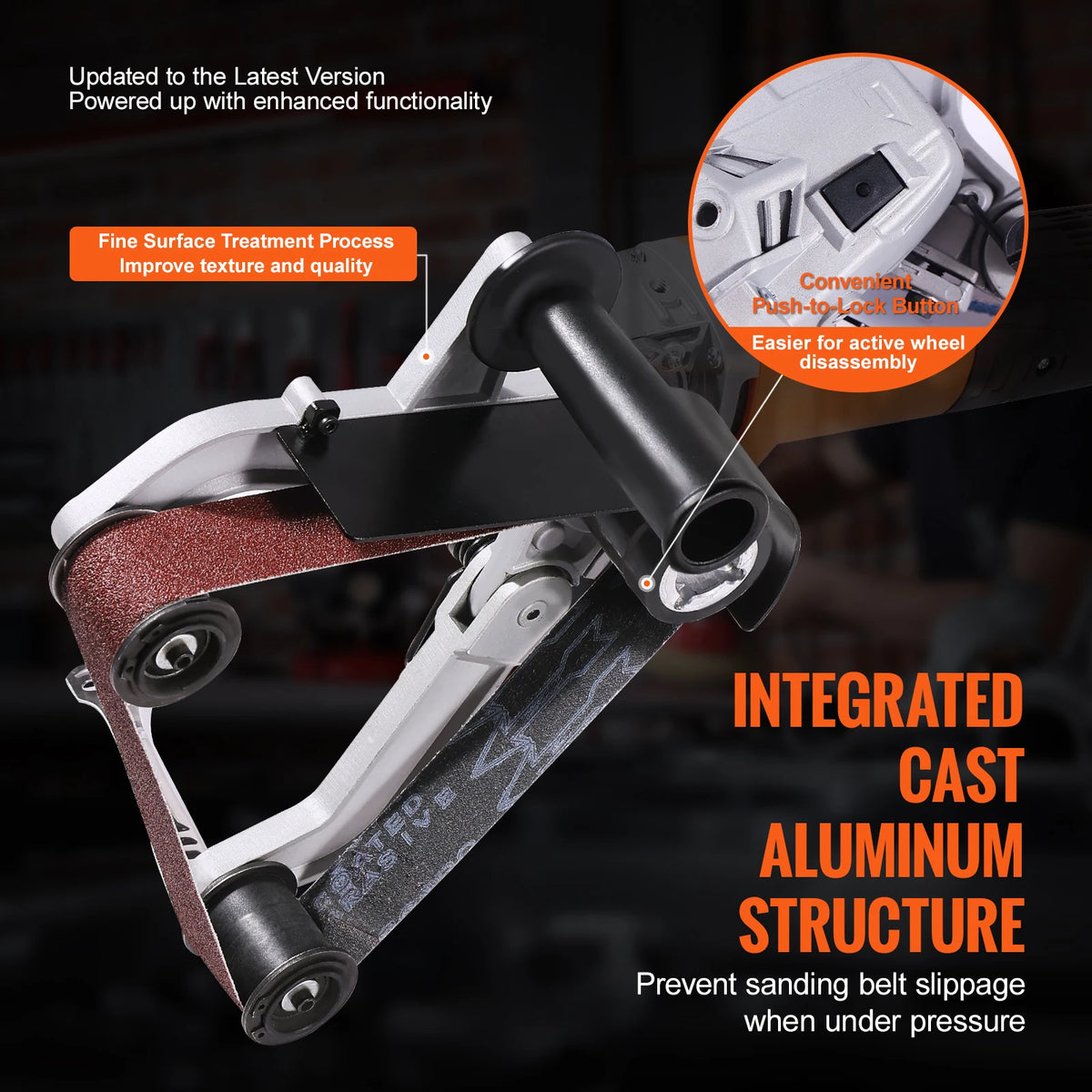 Close-up view of an angle grinder belt sander attachment featuring an integrated cast aluminum structure and a push-to-lock b