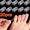 A set of clear gel toe caps for blister prevention and comfort shown next to a human finger.
