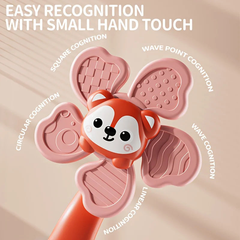 A pink animal-shaped suction cup toy demonstrating various types of touch recognition including square, wave, circular, and l