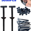 A set of black self-locking nylon cable ties and push clips, with individual ties and a pile of small black plastic clips sho