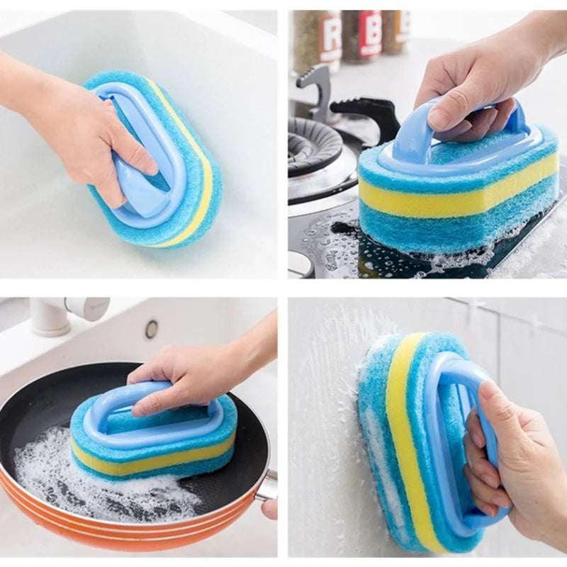Hands demonstrate the use of a blue and yellow multipurpose sponge cleaning brush for cleaning various surfaces.