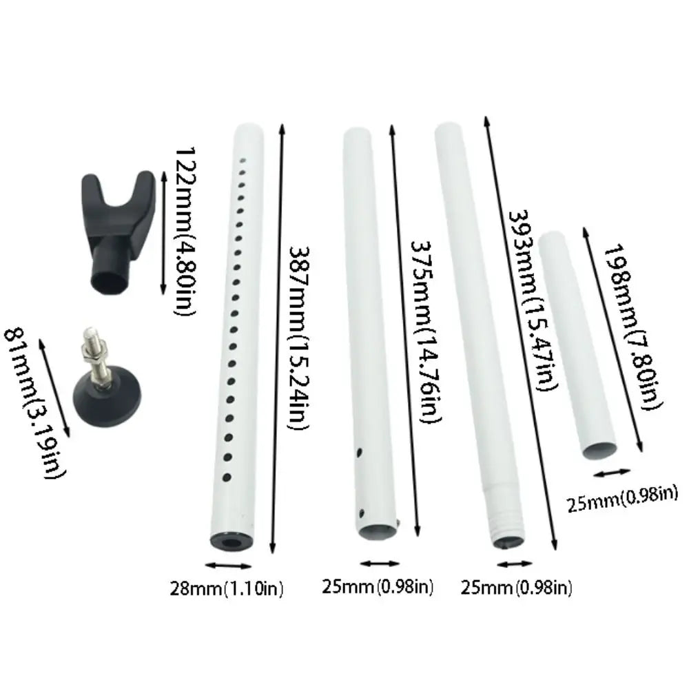 A set of heavy-duty adjustable door security bars in white and black, showing various lengths and mounting options.