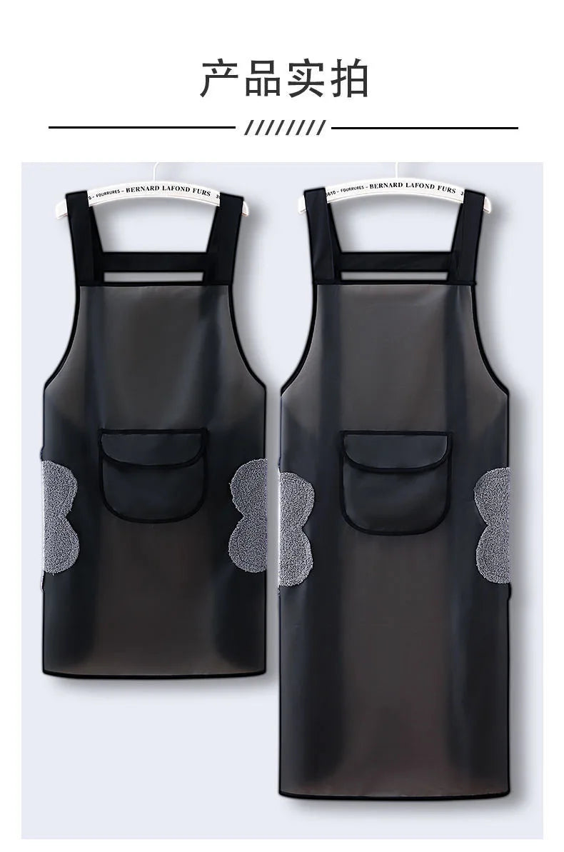 A pair of black waterproof kitchen aprons with gray textured accents displayed against a light background.