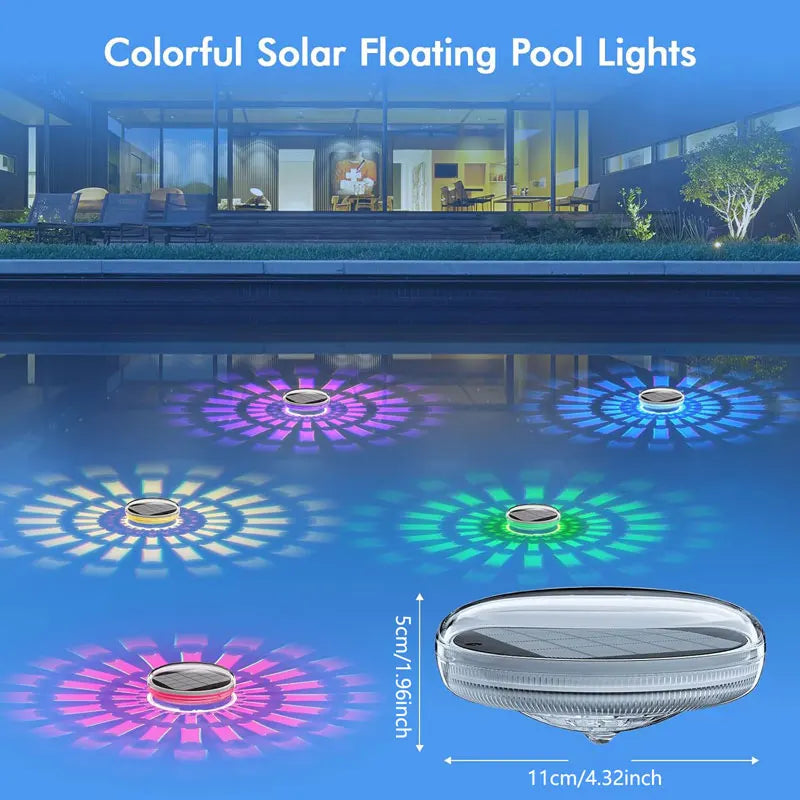 Colorful solar floating pool lights illuminating water with various light patterns.