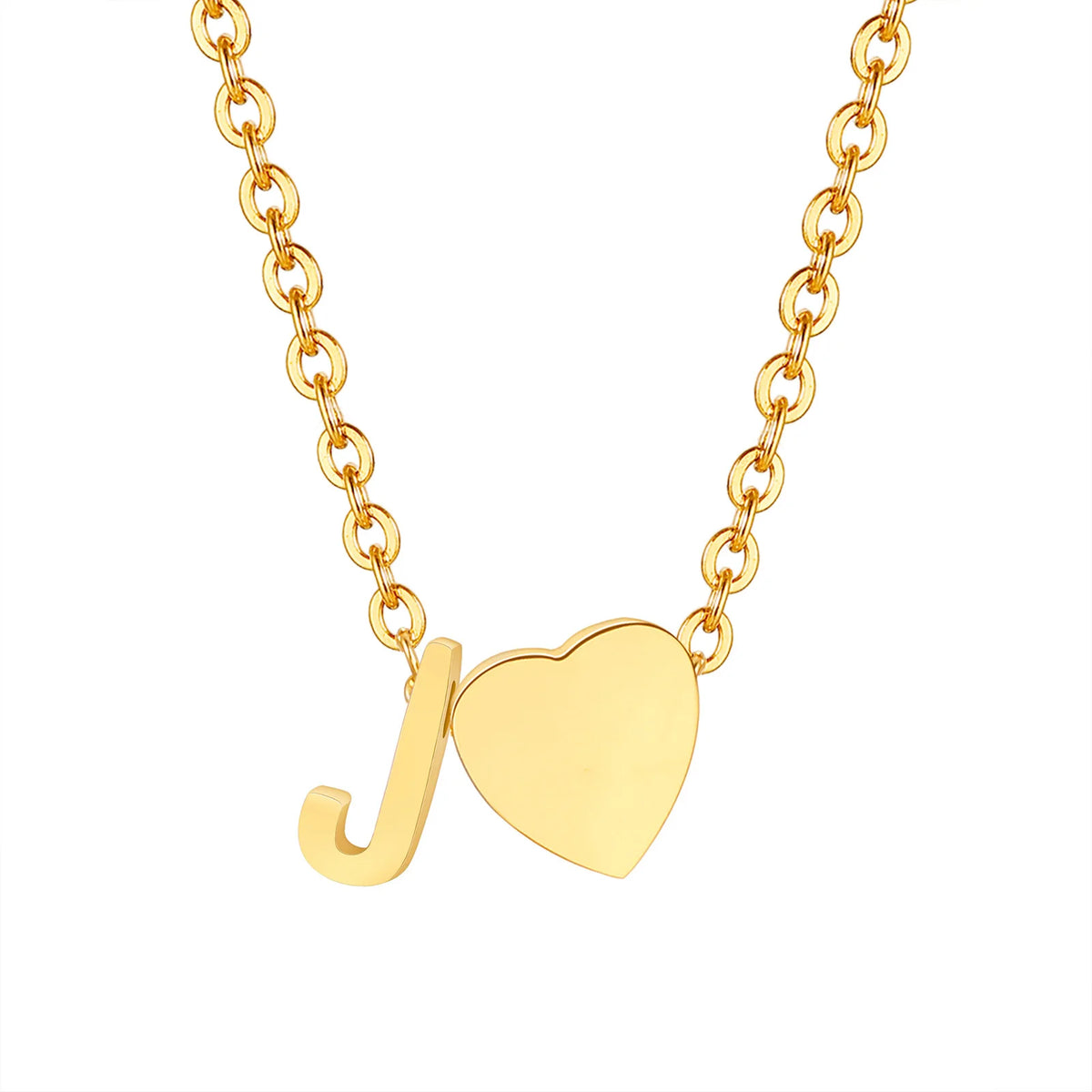 A delicate gold chain necklace featuring a heart-shaped initial J pendant.