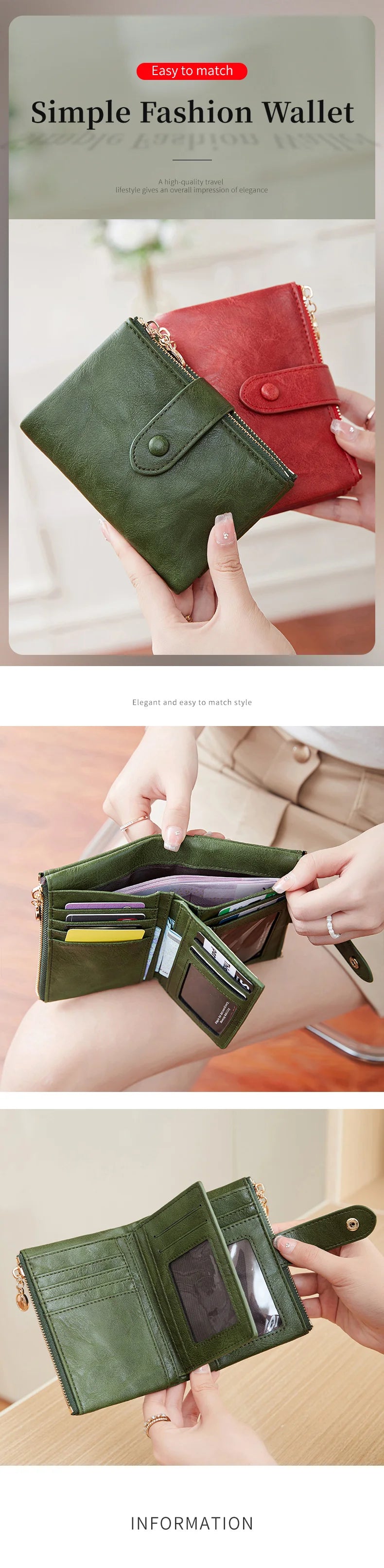 Women's Retro Tri-Fold Wallet with Large Capacity and Dual Zippers