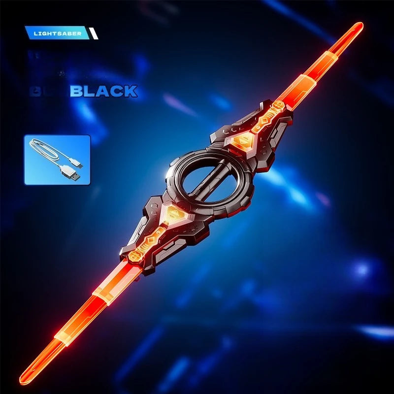 A close-up view of a black lightsaber with an orange blade, featuring a rotating mechanism.