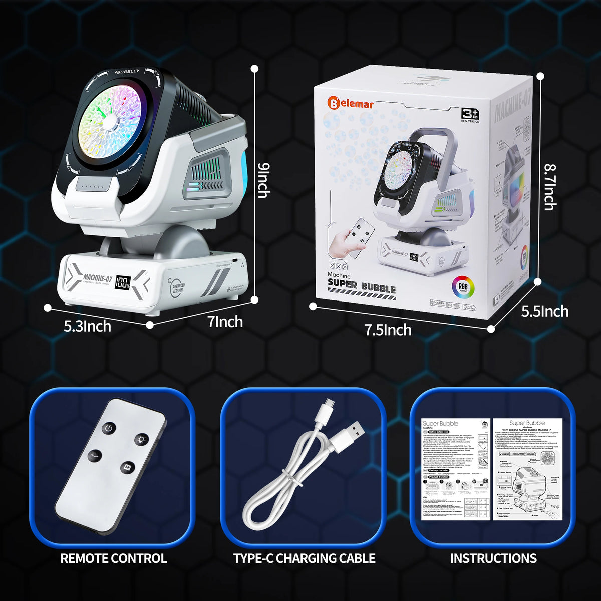 A white bubble machine with an RGB light, a remote control, a Type-C charging cable, and instructions are displayed.