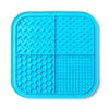 A bright blue silicone lick mat for pets featuring a grid pattern and suction cups.