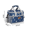 A navy blue insulated lunch bag with a light gray strap and floral pattern, shown flat.