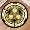 Round magic circle pattern area rug with glowing yellow lines on a black background