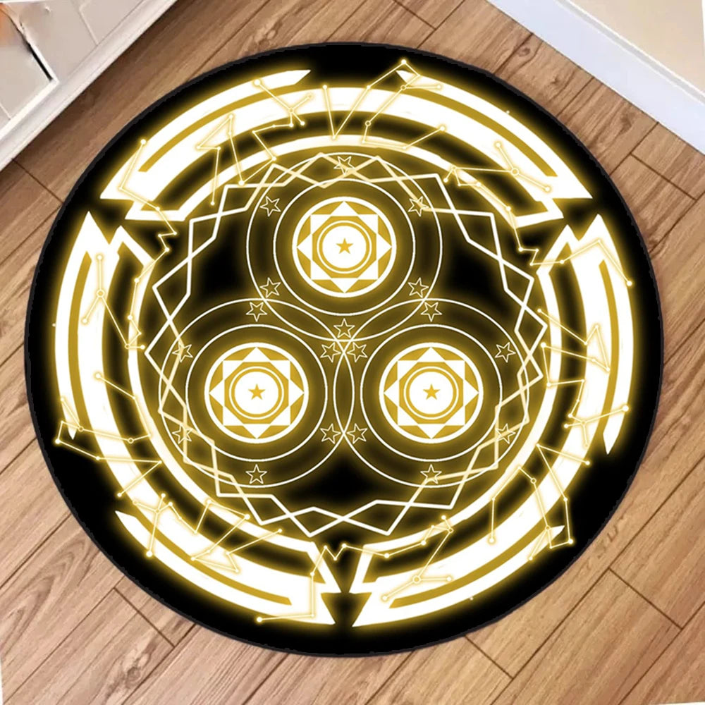Round magic circle pattern area rug with glowing yellow lines on a black background