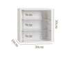 White wall-mounted dustproof display case with three glass shelves measuring 9cm each.