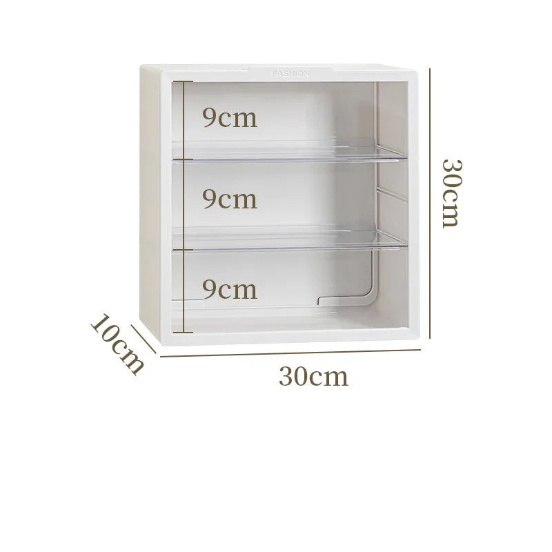 White wall-mounted dustproof display case with three glass shelves measuring 9cm each.