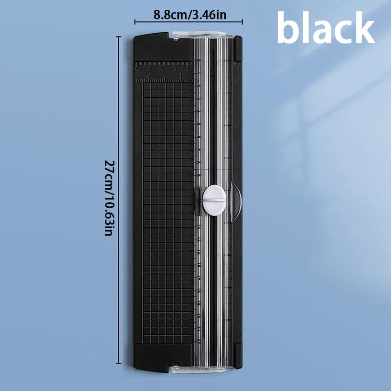 A black A4 mini paper trimmer with a precision cutter shown vertically.