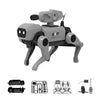A grey robotic dog toy with various components shown, including the main body and accessories.