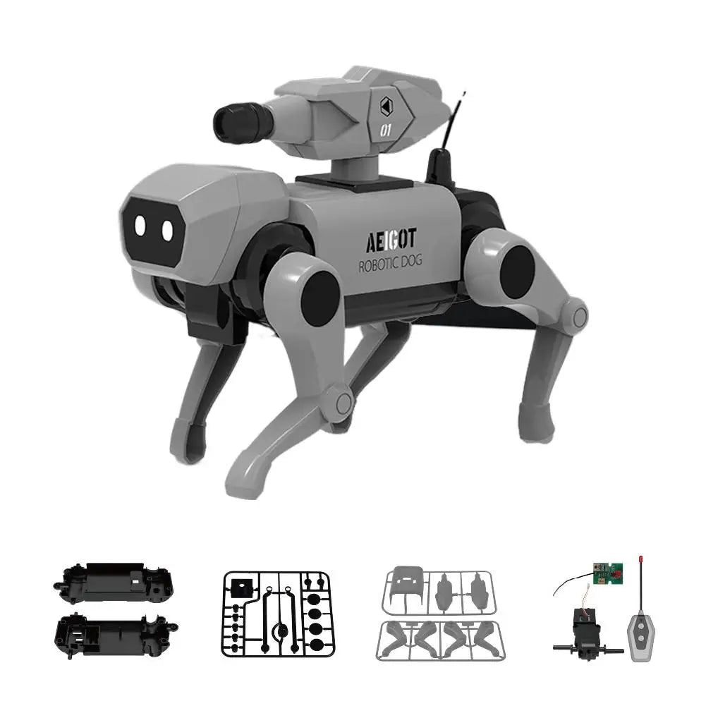 A grey robotic dog toy with various components shown, including the main body and accessories.