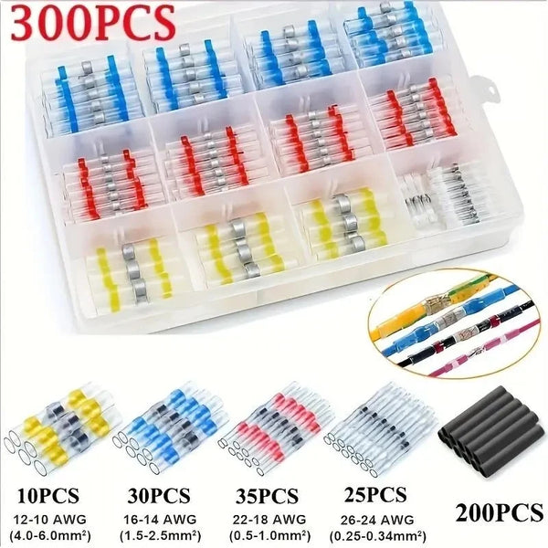 A plastic storage box containing 300 pieces of solder seal wire connectors in various colors and gauges.