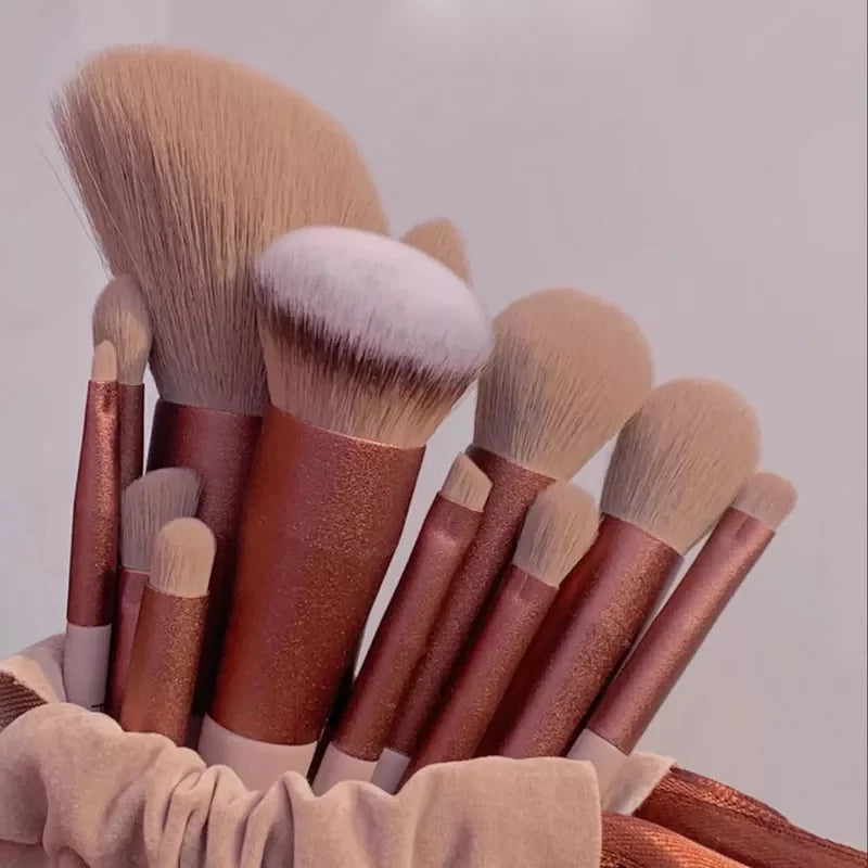 A collection of thirteen makeup brushes in various shades and sizes displayed in a brown travel bag.