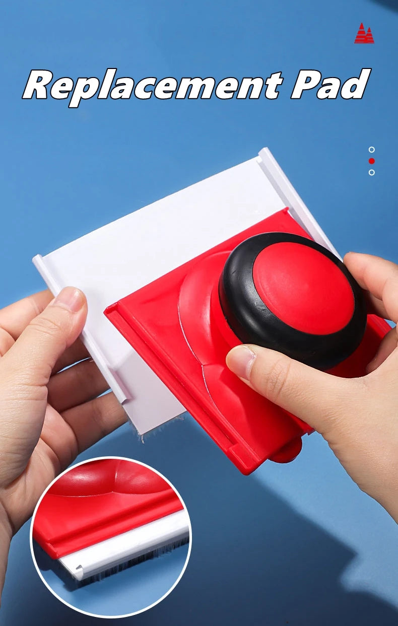 A hand holds a red replacement pad for an edger brush, showing the white and black bristles.